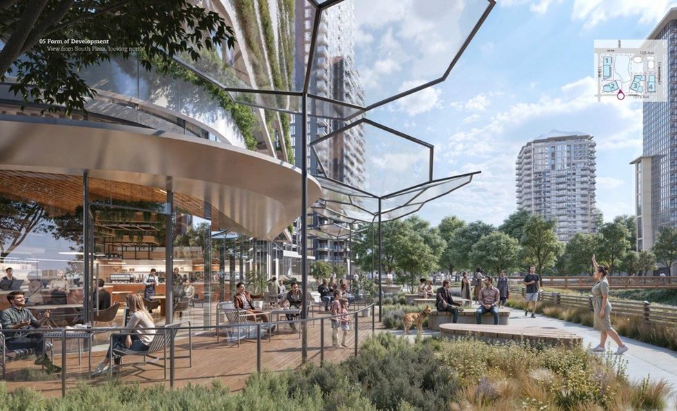 A rendering of the commercial retail space and public space proposed for the Gateway project.