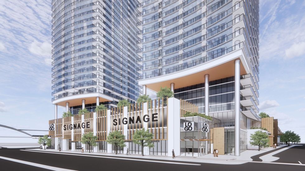 A rendering of the Concord Metrotown towers from street level.