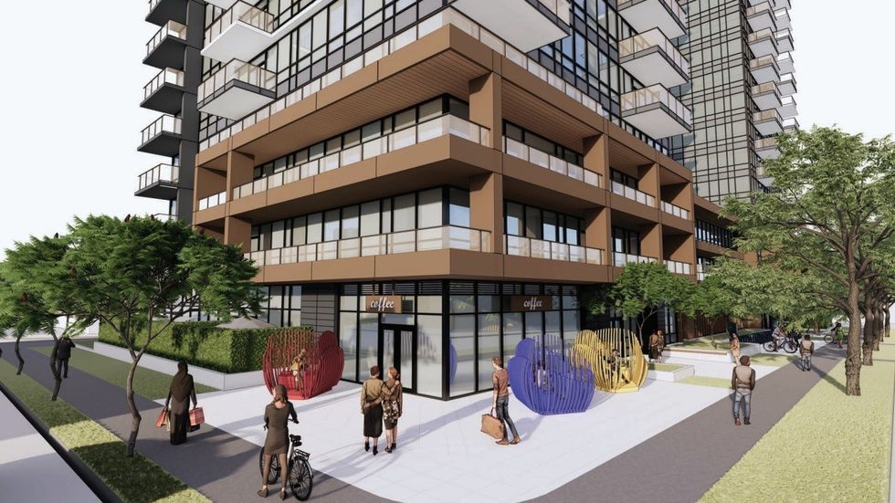 A rendering of the corner commercial retail unit.