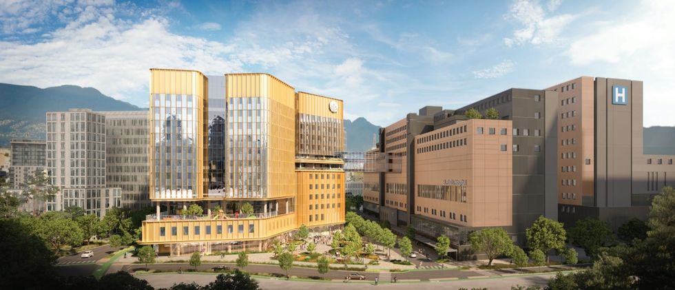 A rendering of the CSRS building and new St. Paul's Hospital building.