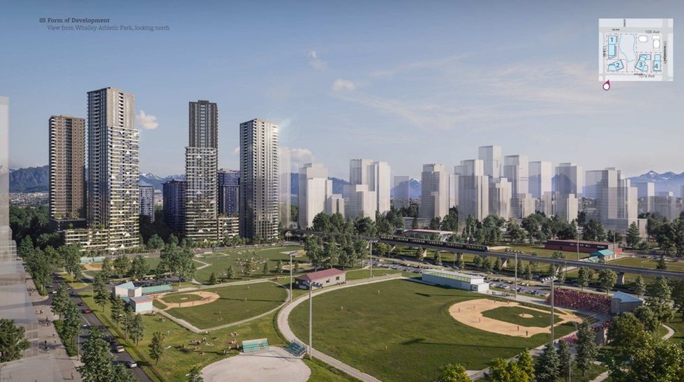 A rendering of the four towers, immediately north of Whalley Athletic Park.