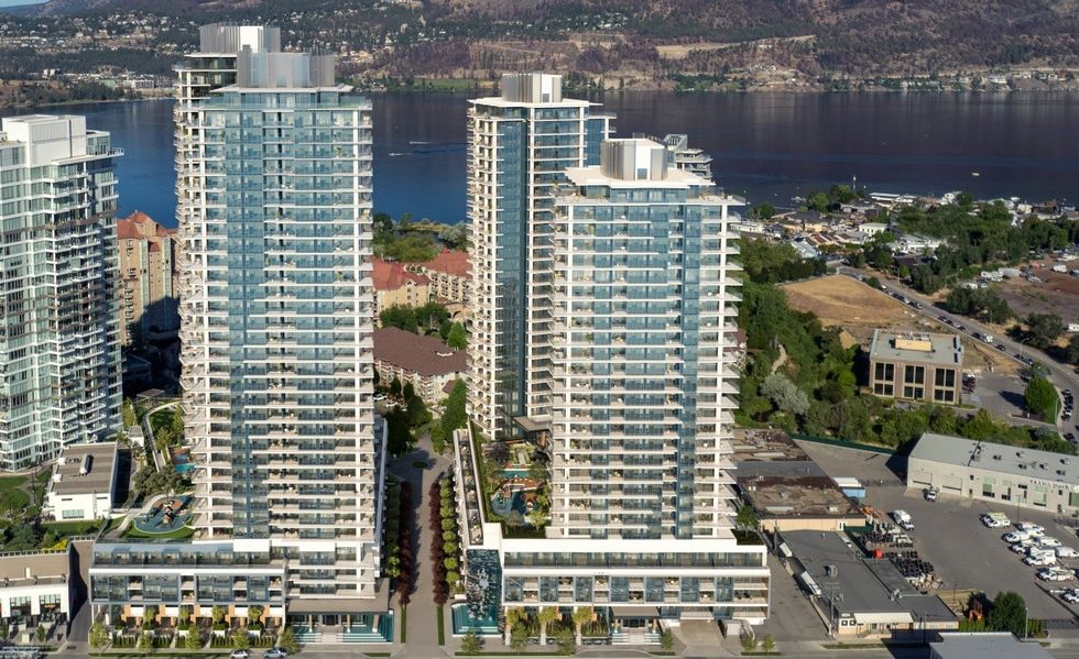 A rendering of the four Vintage at Waterscapes towers.