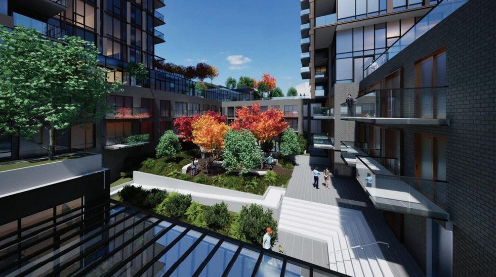 A rendering of the internal courtyard between the two towers. 