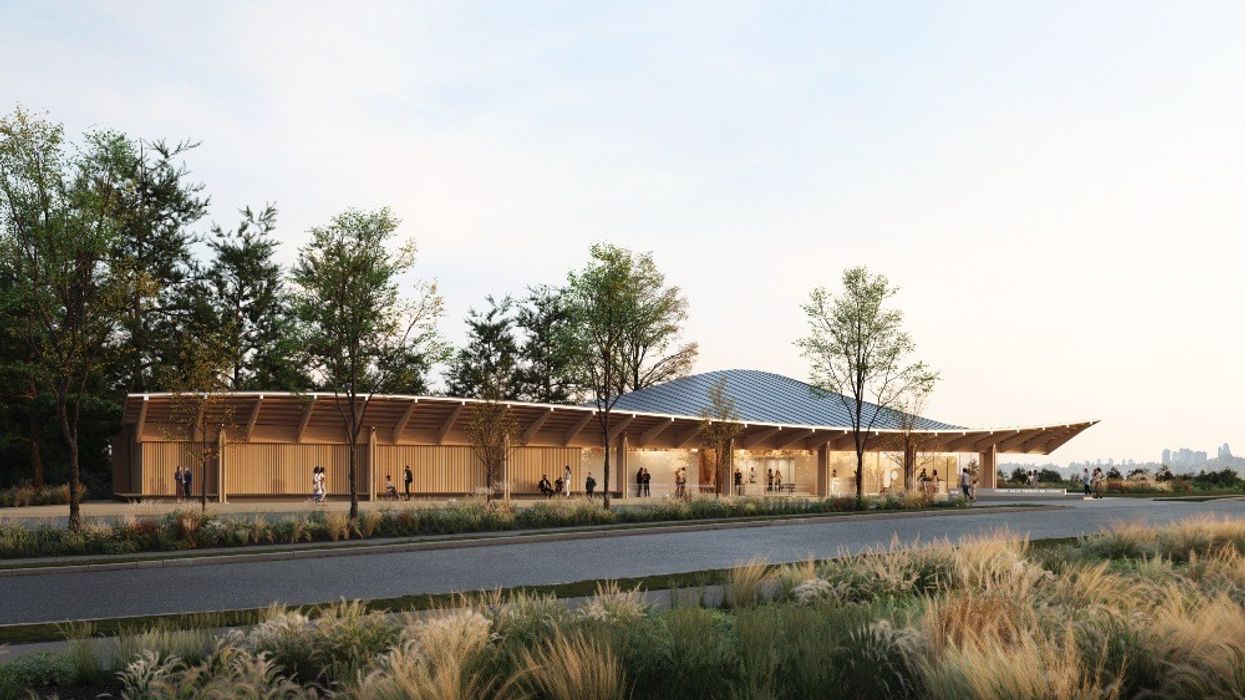 A rendering of the mass timber presentation centre for Fraser Mills.