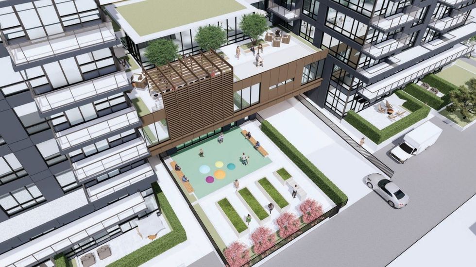 A rendering of the outdoor amenity space located in between the two buildings.