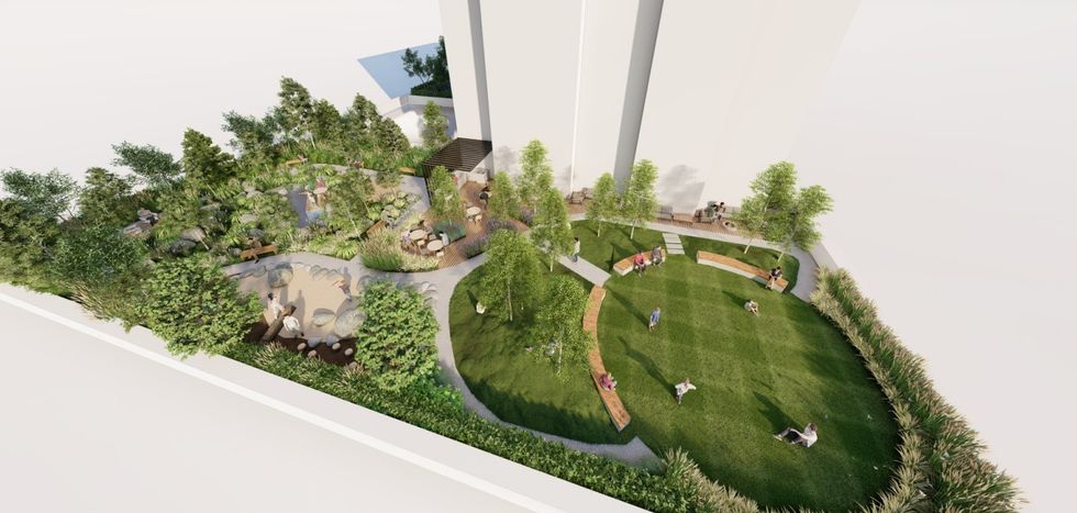 A rendering of the outdoor amenity space.