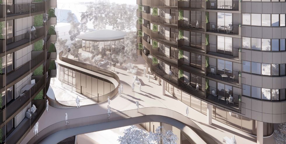 A rendering of the podium connecting the two towers proposed for 602-644 Kingsway and 603-617 E 16th Avenue.