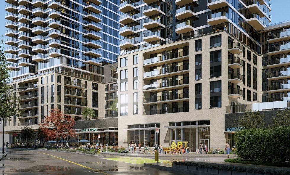 A rendering of the podium of the building proposed for 1045 Haro Street in Vancouver.