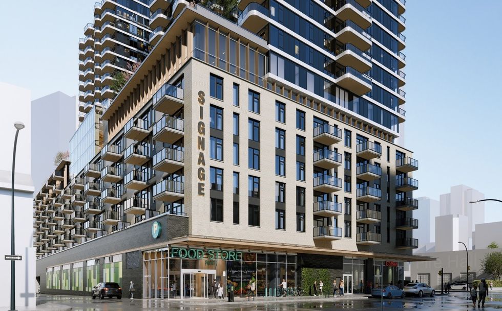 A rendering of the podium of the building proposed for 1045 Haro Street in Vancouver.