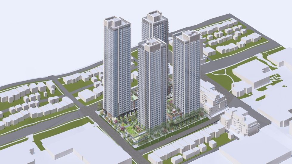 A rendering of the proposal for 2808-2888 E Broadway, 2813-2881 E 10th Ave, 2528-2580 Kaslo St.