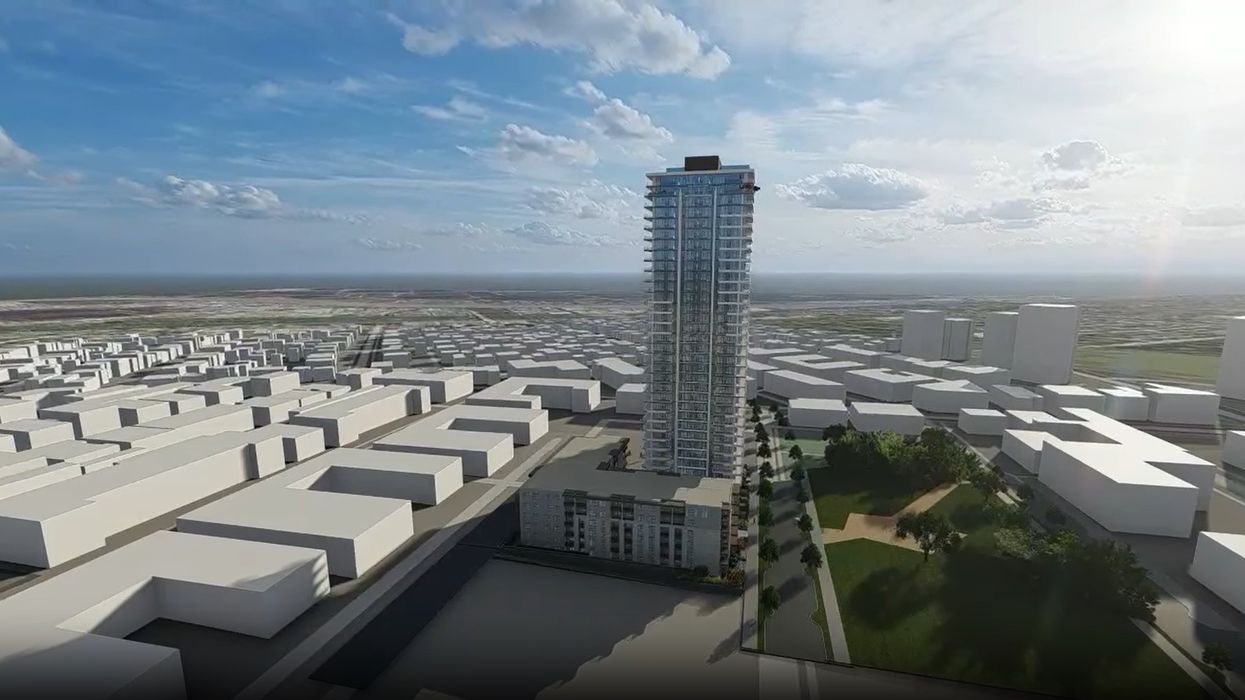 A rendering of the proposed high-rise, towering over nearby buildings in Burnaby.