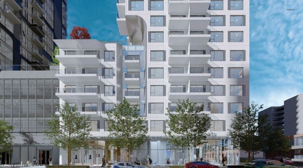 A rendering of the proposed tower from along Hornby Street. 