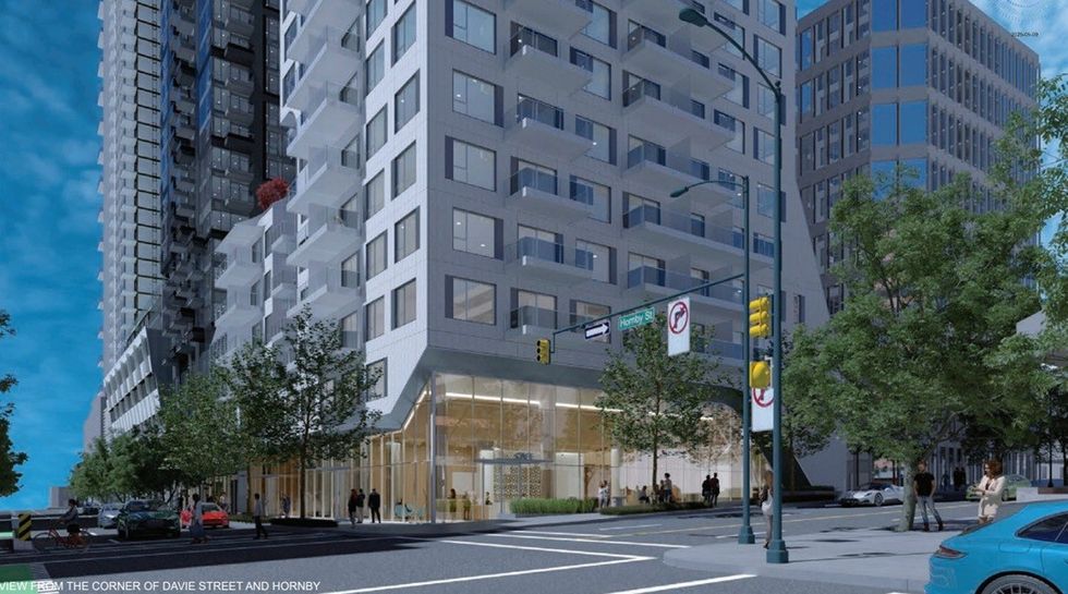 A rendering of the proposed tower from the corner of Hornby Street and Davie Street.