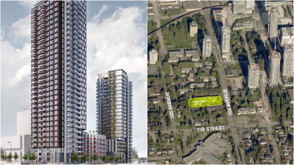 A rendering of the proposed towers and the 13265 104 Street site in Surrey.