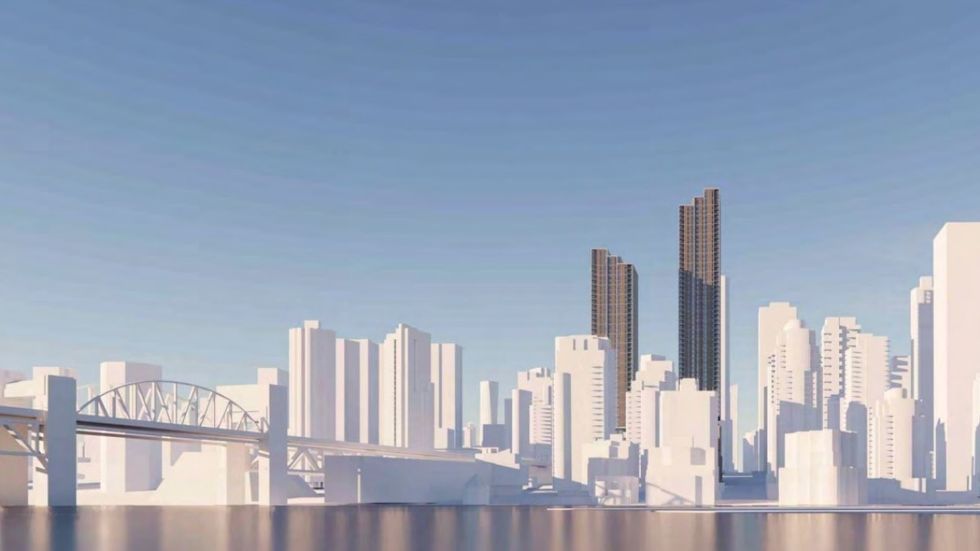 A rendering of the proposed towers from across False Creek.