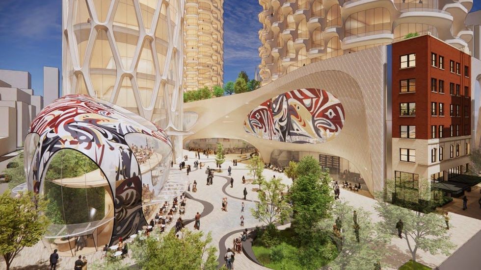 A rendering of the public plaza at the corner of Seymour Street and W Georgia Street (left) and the retained heritage Randall Building (right).