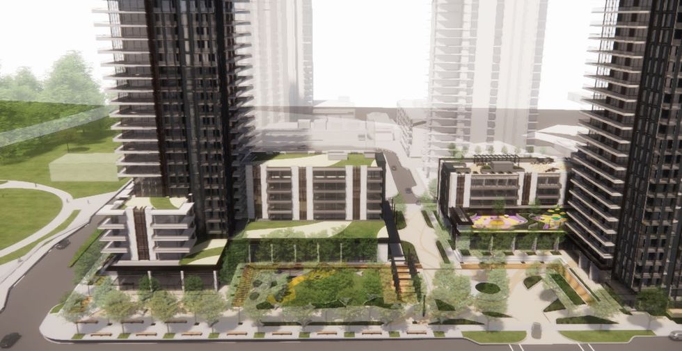 A rendering of the public space between the two buildings.