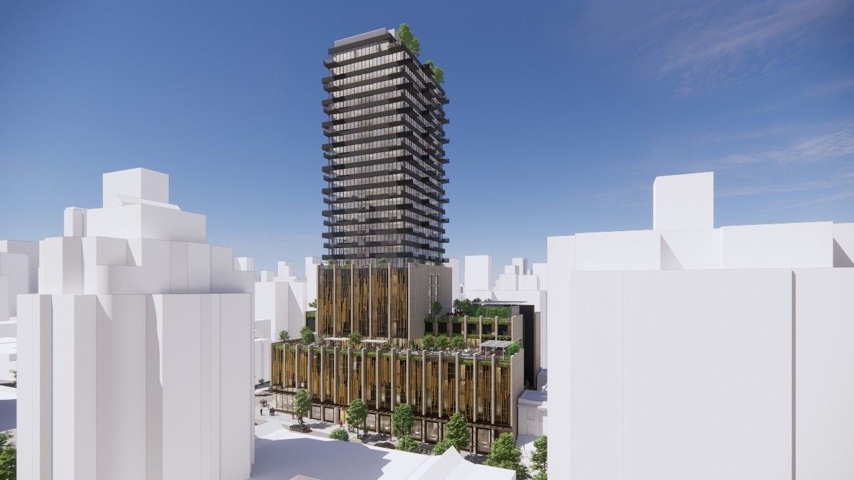 A rendering of the redeveloped Listel Hotel on 1300 Robson Street.
