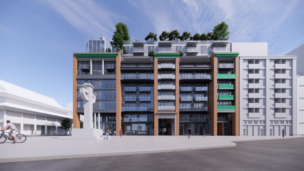 A rendering of the revised proposal for 570 Columbia Street (105 Keefer Street) in Vancouver.
