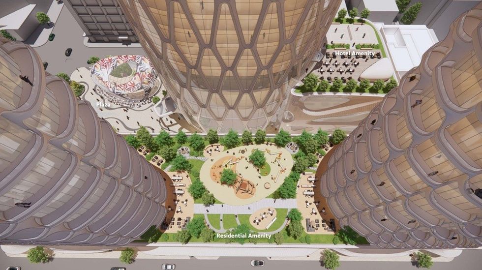 A rendering of the rooftop amenity space between the South Tower (left) and North Tower (right) planned for 501 W Georgia Street.