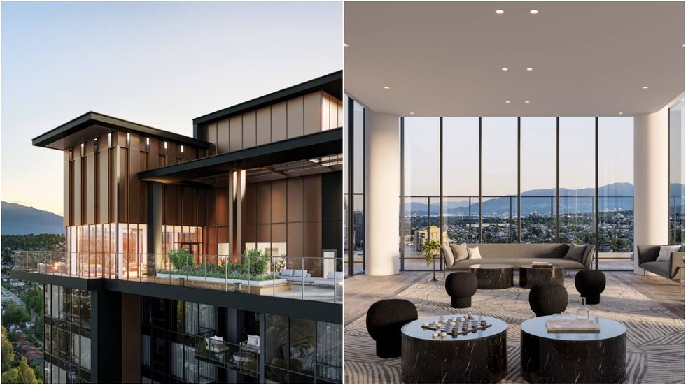 A rendering of the rooftop skylounge's exterior (left) and interior (right).