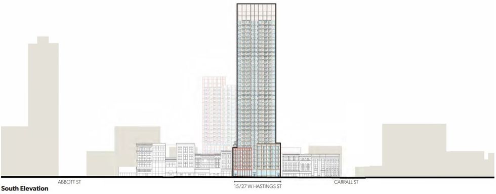 A rendering of the Samuel Tower proposed for 15-27 W Hastings Street in Vancouver.