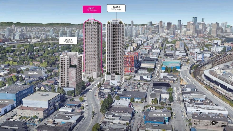 A rendering of the three towers envisioned for E Hastings Street in Vancouver.
