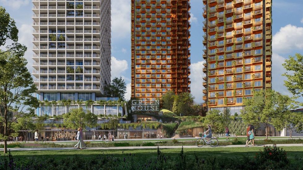 A rendering of the three towers planned for 1780 E Broadway in Vancouver.