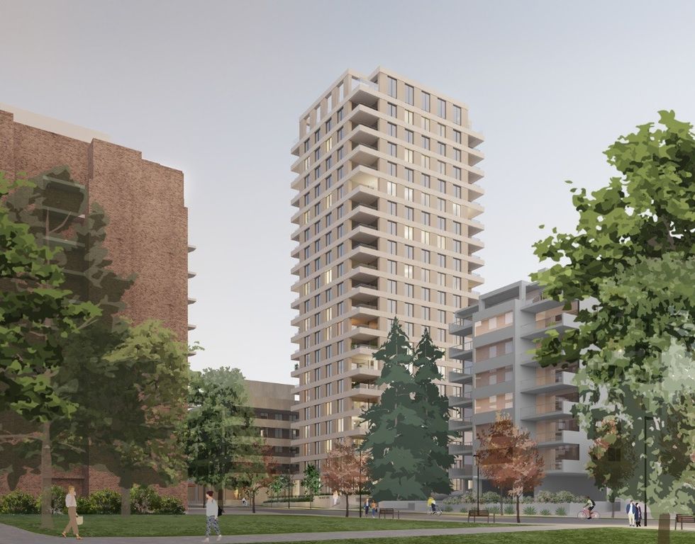 A rendering of the tower proposed for 1540 W 10th Avenue.