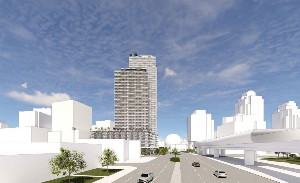 A rendering of the two towers from a distance, from along Terminal Avenue. 