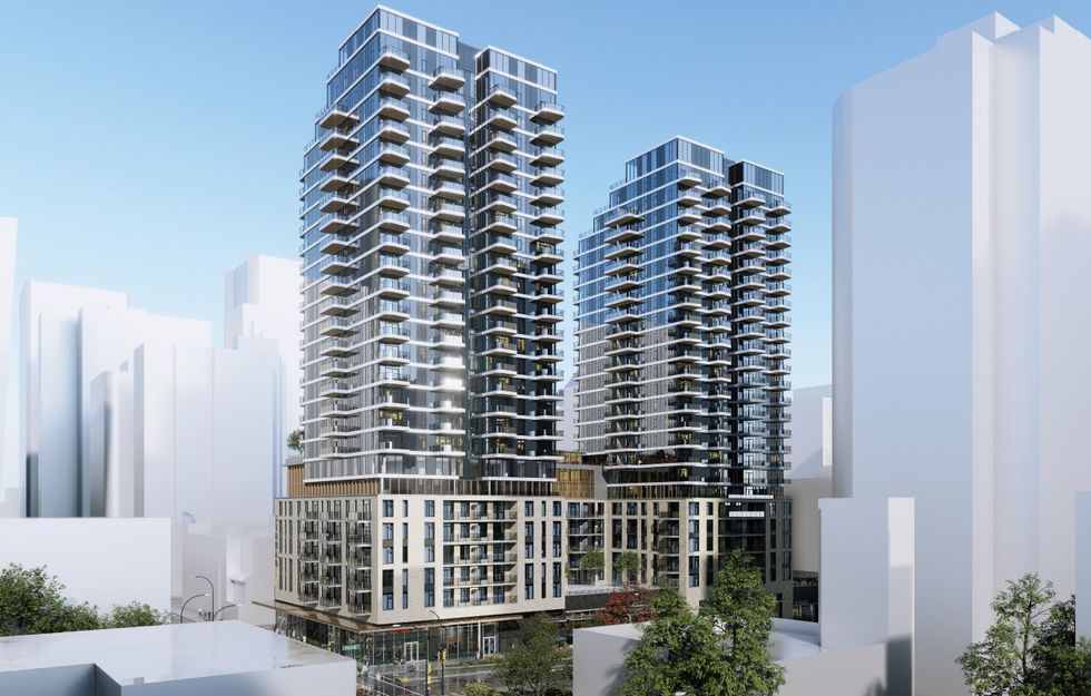 A rendering of the two towers proposed for 1045 Haro Street in Vancouver. 