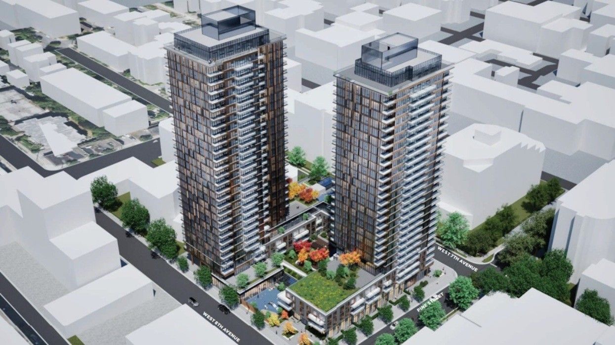 A rendering of the two towers proposed for 1745 W 8th Avenue in Vancouver.