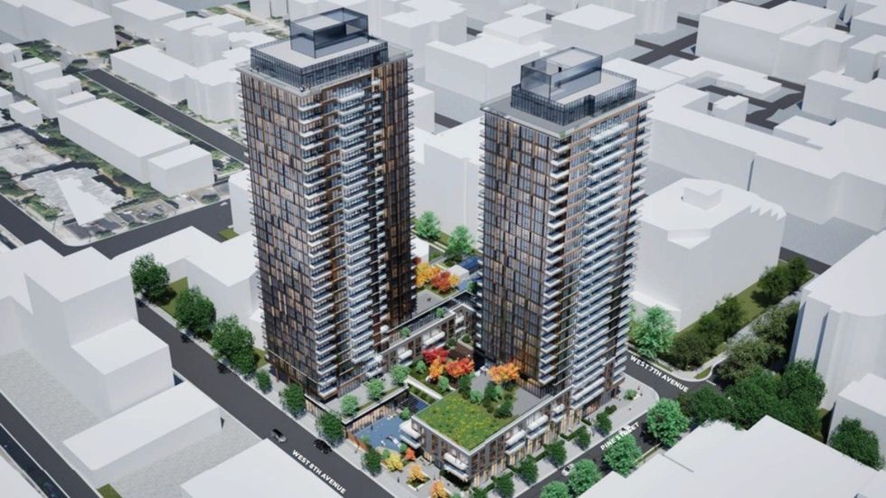 A rendering of the two towers proposed for 1745 W 8th Avenue in Vancouver.