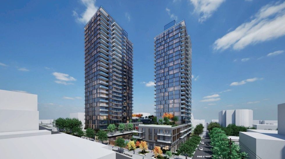 A rendering of the two towers proposed for 1745 W 8th Avenue in Vancouver.