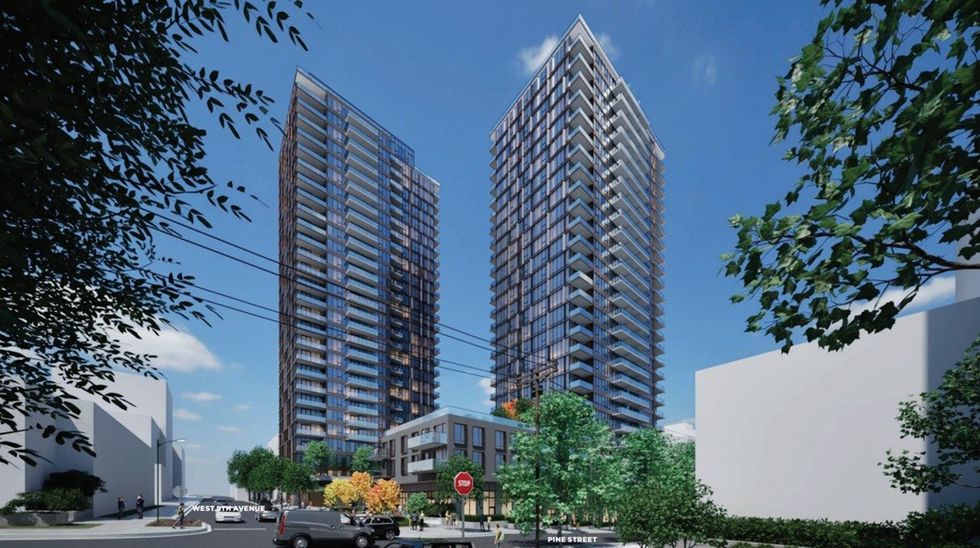 A rendering of the two towers proposed for 1745 W 8th Avenue in Vancouver.