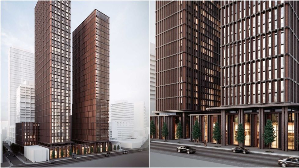 A rendering of the two towers proposed for 49 Ontario Street in Toronto.