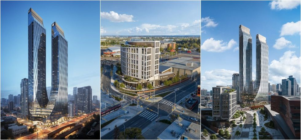 A rendering of the W Calgary and JW Marriott (left), Autograph Collection Hotel (centre), and all three hotels (right). 