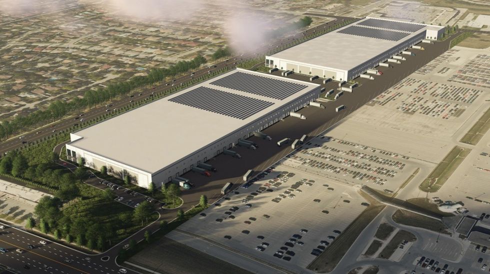 A rendering of the warehouses planned for the site.