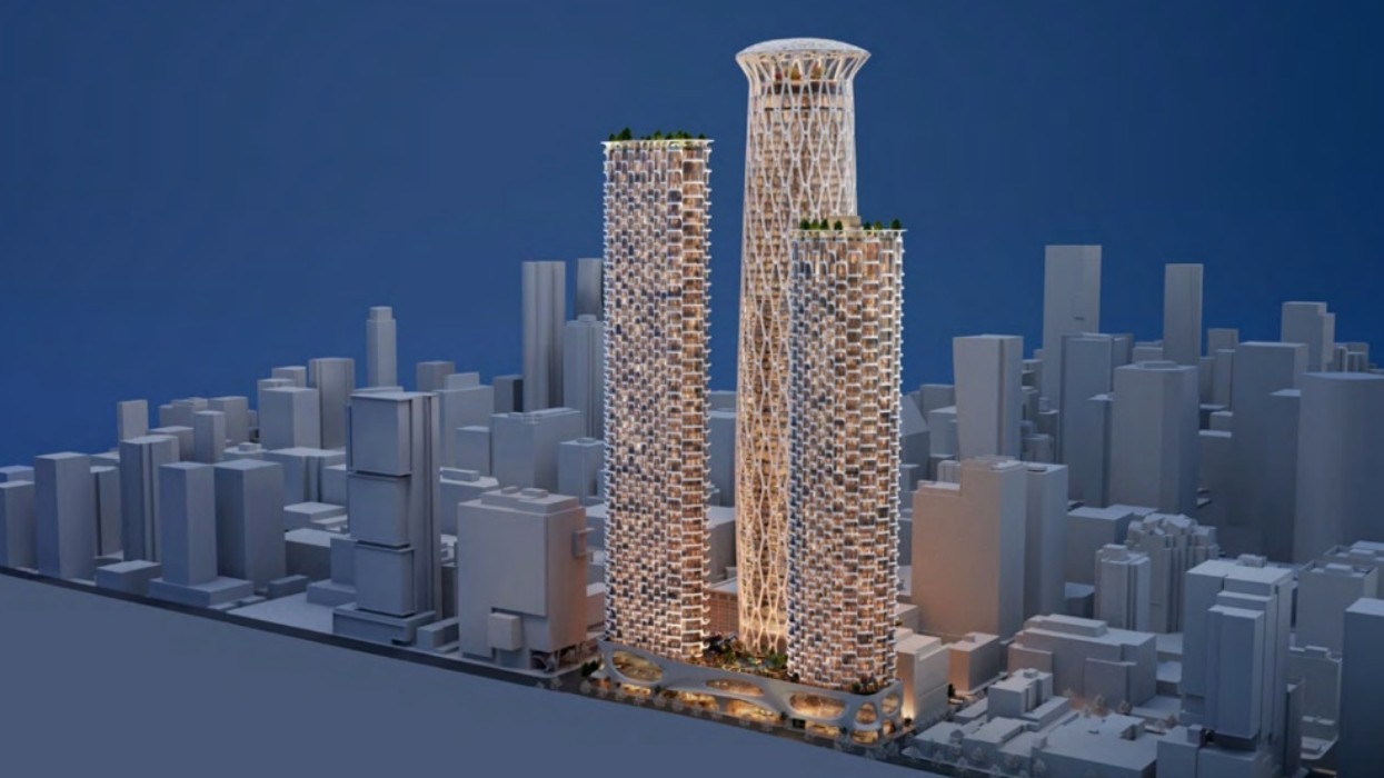 A rendering of three landmark towers planned for 501 and 595 W Georgia Street in Vancouver.