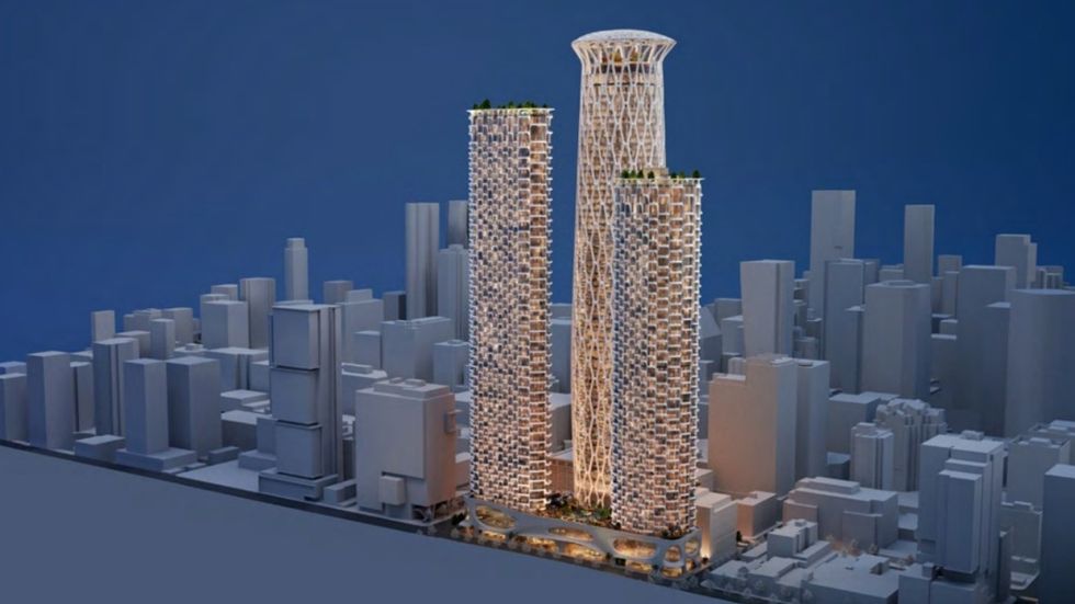A rendering of three landmark towers planned for 501 and 595 W Georgia Street in Vancouver.