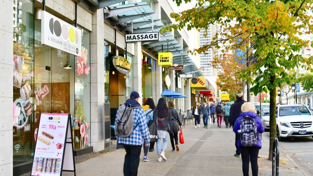 A row of small businesses in downtown Vancouver.