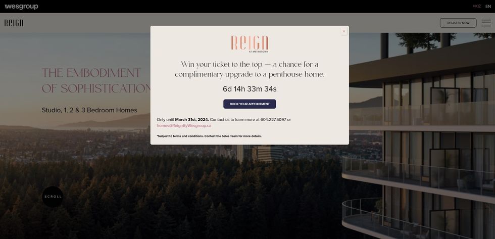 A screenshot of a pop-up upon visiting Wesgroup's website for Reign.