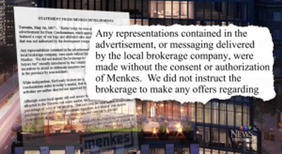 A screenshot of Menkes' official statement during the CTV newscast.