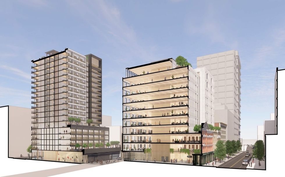 A side view of the Samuel Tower and Cordova Office.