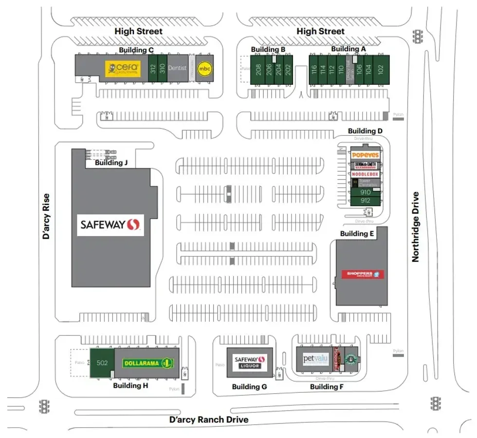 A site map of the D'Arcy Crossing shopping centre.