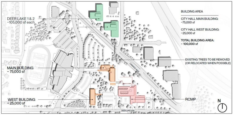 A site map of the existing Burnaby City Hall campus.