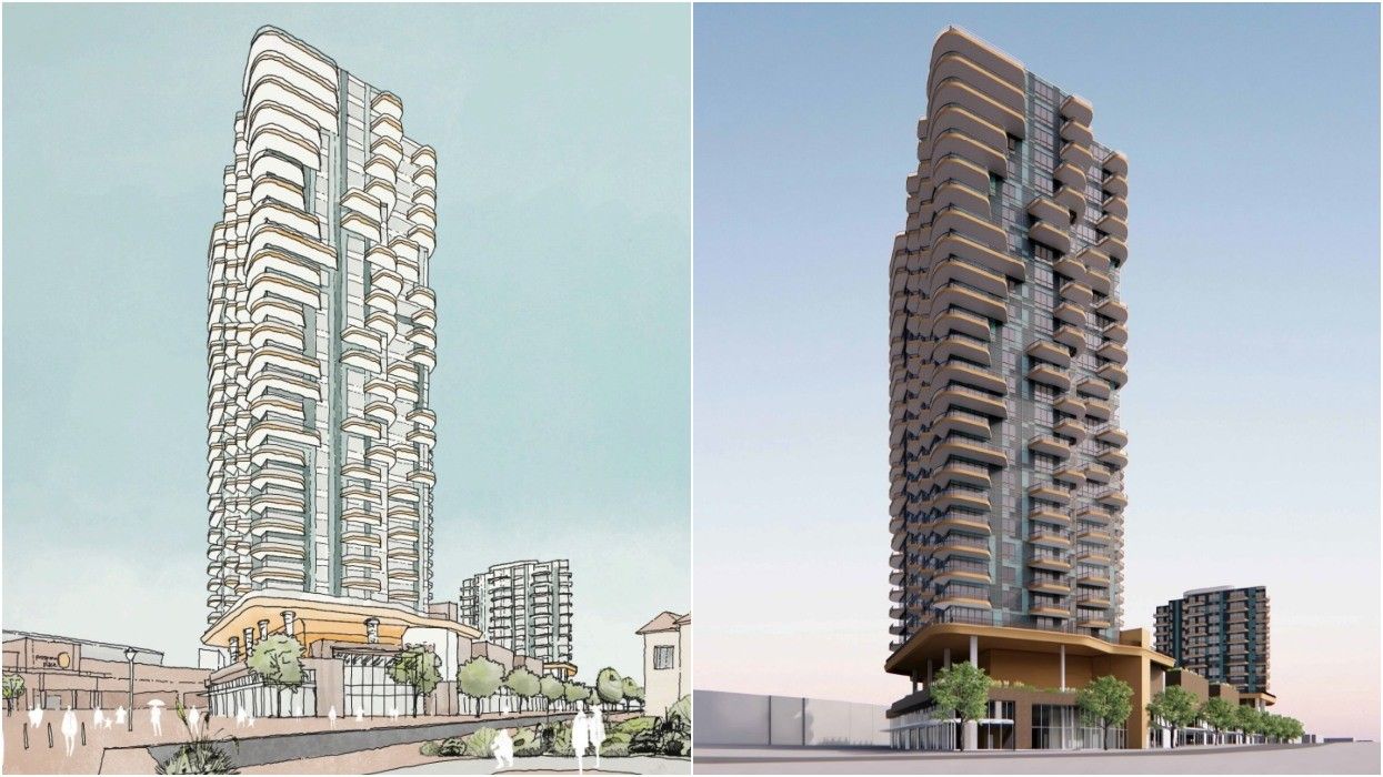 A sketch and rendering of the proposed towers for 1241 Water Street.