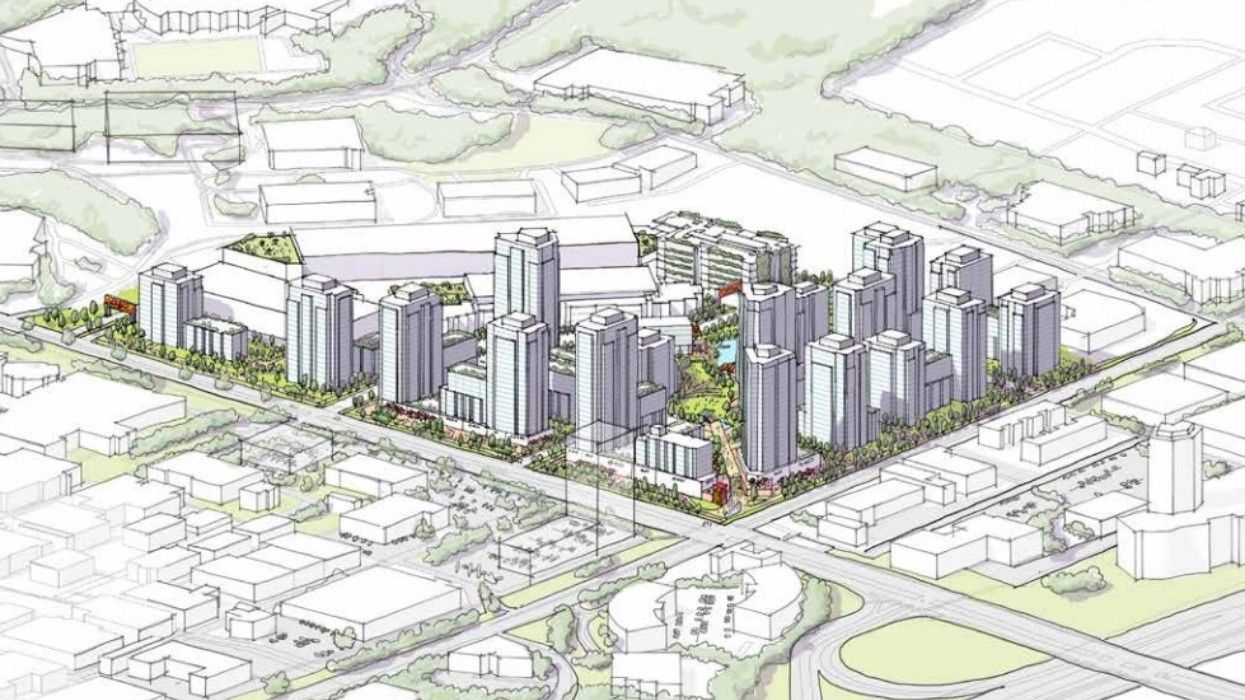 A sketch of Kʷasən Village planned for the Willingdon Lands along Canada Way in Burnaby.