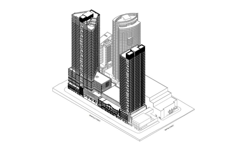 A sketch of the updated proposal for 800-876 Granville Street.