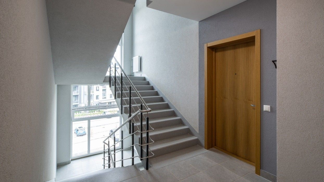 A stairwell in an apartment building.